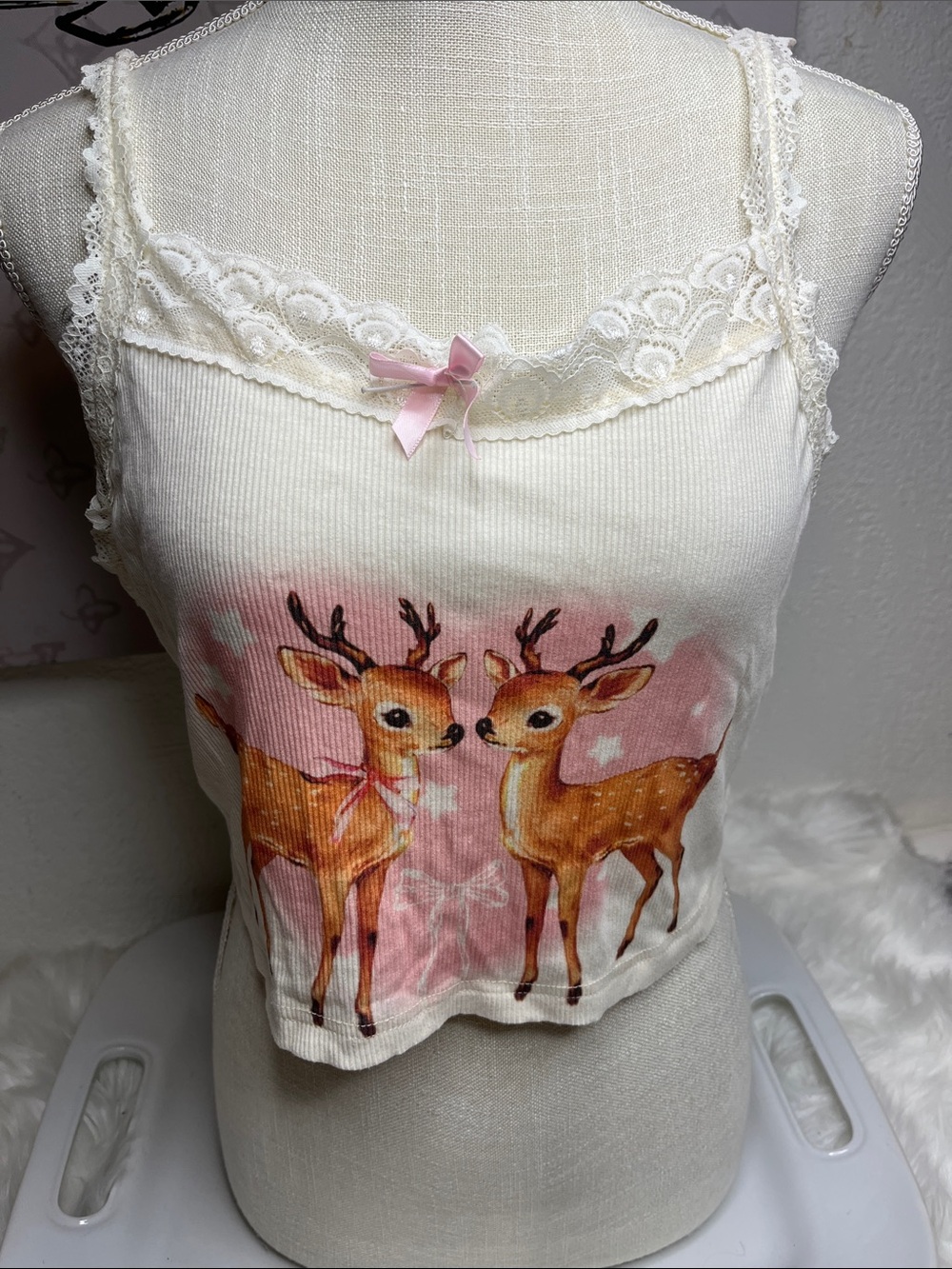 Cream Lace-Trim Deer Print Cami Tank with Pink Bow